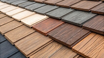 Aufkleber - A closeup view reveals a palette of roofing elements some showcasing intricate grain patterns while others feature a rustic appeal with exposed knots and rough edges. Each piece is