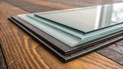 Aufkleber - A close view showcases a stack of glass shower panels leaning on an industrialstyle hardwood floor. The rich textures of the wood contrast with the sleek smooth surfaces of the