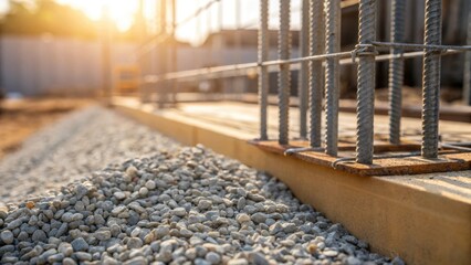 Poster - A close view of the gravel being added to the foundation site showcasing how the small rounded stones cascade into place creating a sy base. In the background the intertwining