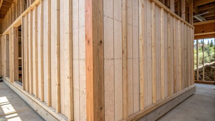 Aufkleber - A corner shot highlighting the vertical alignment of wall sheathing panels with fading lines and marks from previous uses. The wooden frame stands firm hinting at the structural
