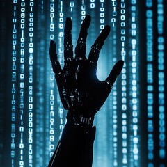 Poster - A robotic hand extends towards a digital code backdrop
