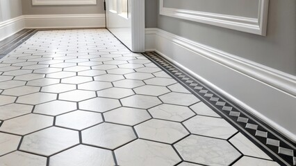 Poster - A corner perspective highlights the seamless transition between the hexagonal tile flooring and the sleek white baseboards ensuring a polished look. The geometric arrangement of