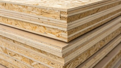 Aufkleber - A crosssection view of stacked OSB panels revealing the layered composition and structural depth. The closely knit strands are visible showing how engineered wood products provide