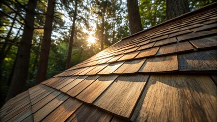 Aufkleber - A concentrated perspective of a single shingle emphasizing its unique patterns and color variations. Sunlight filters through nearby trees casting soft dappled shadows that enhance