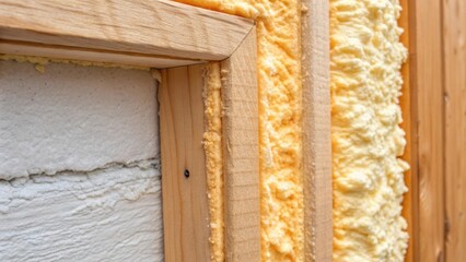 Poster - A detailed closeup of spray foam being applied to a wall cavity capturing the way it expands and adheres to the edges of the framing. The foam is vibrant and textured contrasting