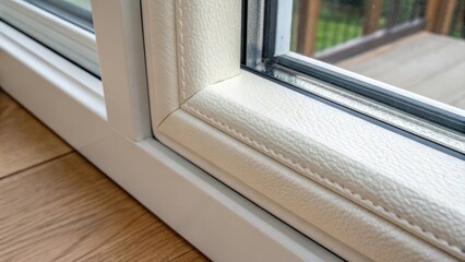 Poster - A detailed closeup reveals a corner of the vinyl window frame featuring the cushioning of the protective padding. The paddings texture contrasts beautifully with the smooth finish