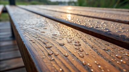 Poster - A detailed examination of the edges of the stained wooden boards emphasizing the smooth polished finish that contrasts with the rough ends. Tiny droplets of dew cling to the