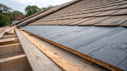 Poster - A detailed examination of the textured surface of the underlayment featuring subtle ridges and patterns juxtaposed against the aged weathered wood of the roofs framework. Pieces of