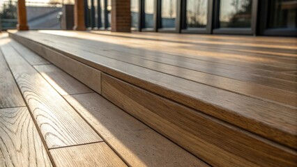 Aufkleber - A detailed image focusing on the edges of the hardwood planks where the meticulous sanding process creates crisp clean lines. The interplay of light and shadow accentuates the