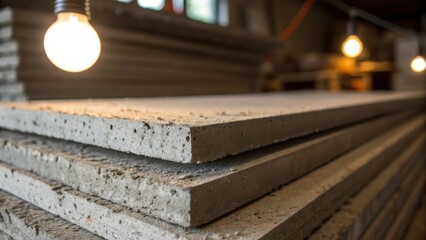 Poster - A detailed image capturing the edges of cement boards with fine dust particles clinging to the surface reflecting the light of an overhead bulb and revealing the understated beauty