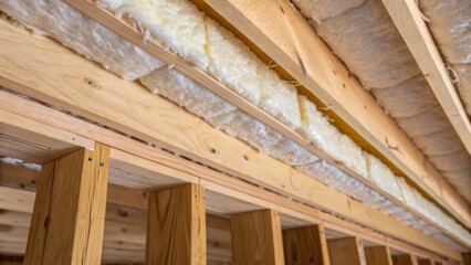 Poster - A detailed shot focusing on the edges of the fiberglass insulation where it meets the rough lumber of the studs. The insulation appears slightly compressed at the joints