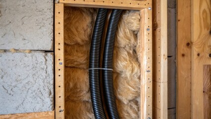 Aufkleber - A detailed shot of an open wall cavity revealing insulation material juxtaposed with dark twisting electrical wires snaking through the space. The contrast between the fuzzy