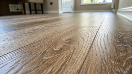 Aufkleber - A detailed shot of a vinyl plank under a light source reveals its subtle sheen accentuating the intricate patterns resembling natural wood. The grains vary slightly from plank to