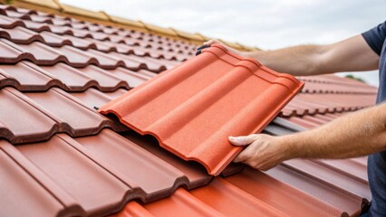 Aufkleber - A detailed shot of a workers hand gently lifting a sy clay tile reveals the tiles weight and texture. The hand contrasts with the rustic earthy colors of the tile while a backdrop