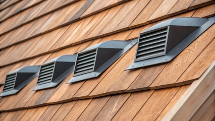 Poster - A detailed shot of ridge vent components lined up against a backdrop of wooden shingles. The contrast between the rich natural tones of the wood and the industrial look of the