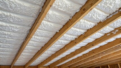 Poster - A detailed shot showcases the dense texture of the spray foam insulation as it adheres to the underside of the roof deck. Sprayed at a slight angle the foam cascades downwards