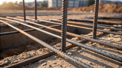 Aufkleber - A detailed shot showcasing the crosssection of rebar highlighting the smooth and ridged surfaces that lend itself to concrete reinforcement. A few bundles are positioned upright