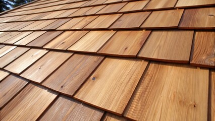 Aufkleber - A detailed view of a cedar shingle its surface polished and smooth with the rich brown hue gleaming under direct sunlight. The unique patterns and knots of the wood are prominently