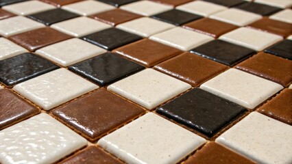 Aufkleber - A detailed view of smaller square ceramic tiles arranged in a checkerboard pattern with alternating glossy and matte finishes creating depth and interest while maintaining a