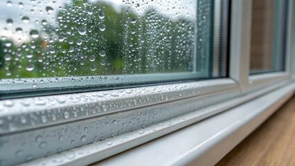 Poster - A detailed view of condensation forming on the edge of a stacked storm window hinting at the thermal regulation properties with droplets clinging to the glass and reflecting the