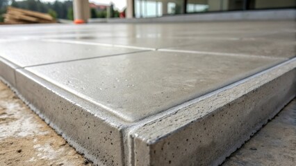 Aufkleber - A detailed view of the concrete surface where it meets a large floor tile showcasing the clean lines and precision in the finish. The texture of the concrete slightly roughened by