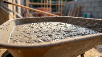 Poster - A detailed view of the concrete mixture in the wheelbarrow showcasing the interplay of light and shadow on the textured surface. Tiny air bubbles emerge capturing the raw essence