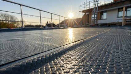 Aufkleber - A detail image focused on the textured surface of the waterproof membrane illustrating its stitch patterns and thickness. Sunlight streams across the rooftop illuminating tered