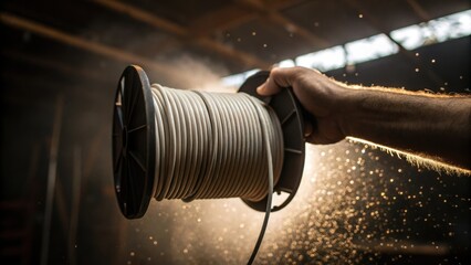 Poster - A dramatic closeup showcases a hand gripping a spool ready to extend the wire further. The image captures the tension in the moment reflecting the human element of the renovation