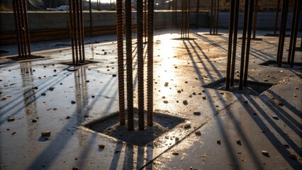 Aufkleber - A dramatic angle highlighting the vertical rebar reinforcements standing upright within the foundation mold. The sunlight catches on the metal casting intricate shadows on the