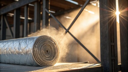 Poster - A dramatic closeup captures the interplay of light and texture between the rolled radiant barrier insulation and the robust metal framework behind it. Dust motes float in the air