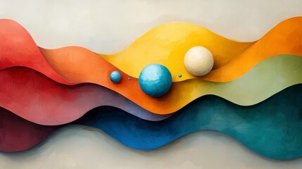 Poster - Abstract Colorful Waves with Spheres Surreal Artwork on Smooth Background