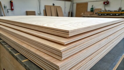 Poster - A dynamic angle presents a stack of plywood sheets with their sleek surfaces catching the light illuminating the subtle ripples in the wood grain. Each sheets edge is perfectly