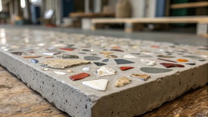 Poster - A dynamic composition of a raw concrete slab featuring embedded pieces of shattered tile and stones that add visual interest. The mixture exemplifies the creative potential of