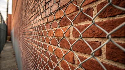 Poster - A dynamic perspective focusing on the edges of the mesh panels where they meet rough brickwork