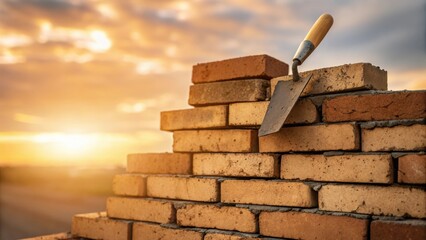 Aufkleber - A dynamic shot featuring a of unevenly stacked bricks their rough edges highlighted by the golden light of the setting sun and a trowel resting against the structure ready for the