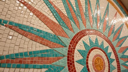 Aufkleber - A dynamic composition of small hand mosaic tiles in shades of turquoise coral and cream arranged in a sunburst pattern. The shiny finish of the tiles reflects the overhead lighting