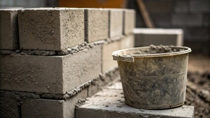 Poster - A gritty scene highlighting the textures of concrete blocks and mortar focusing on the contrast between the co block edges and the smooth finish of wet mortar pooled in an open