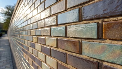 Aufkleber - A fragment of the masonry wall features a unique alternating pattern of glazed and matte finish bricks. The gloss from the glazed bricks catches the light creating a play of