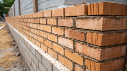 Poster - A halffinished wall showcases freshly laid bricks their cement joints still partially setting