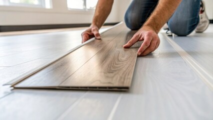 Poster - A handsfree perspective captures a skilled craftsmans fingers gripping a vinyl plank hovering just above a meticulously cleaned subfloor. Light catches the surface revealing its