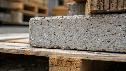 Poster - A macro image focusing on the rough texture of a cinder block stacked under the edge of a wooden pallet reveals the pitted surface and imperfections of the concrete. Tiny flecks of