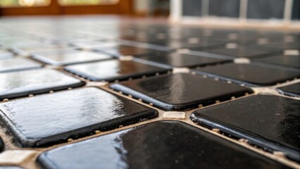 Aufkleber - A macro image focused on the glossy finish of a freshly laid tile with a blurred background highlighting the strategic placement of black tile spacers. Tiny bits of grout are still