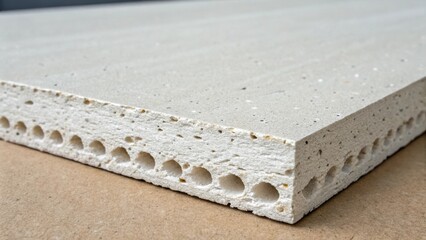 Aufkleber - A macro perspective of a panel of reinforced gypsum board revealing tiny air pockets within the material that contribute to its lightweight nature. The irregularities in surface