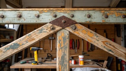 Aufkleber - A macro perspective on the weathered surface of a truss with patches of old paint and knots creating an artistic impression. Surrounding tools such as saws and hammers frame the