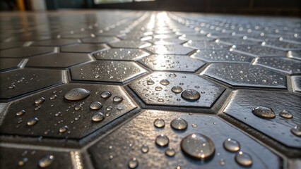 Poster - A macro shot captures droplets of water on the slick surface of the polished hexagonal tiles glistening like jewels. The glossy finish reflects the ambient lighting accentuating