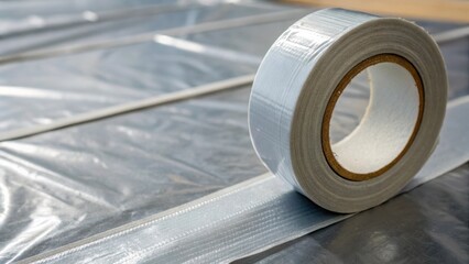 Poster - A macro shot capturing the intricate details of the tape sealing the seams of the vapor barrier. The adhesive glistens under the light while the sheeting forms a smooth backdrop