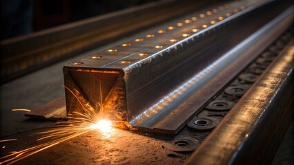 Poster - A macro shot focusing on a single metal flashing section revealing intricate weld marks and a dent from the fabrication process. The warm hues of the metal combine with cool tones