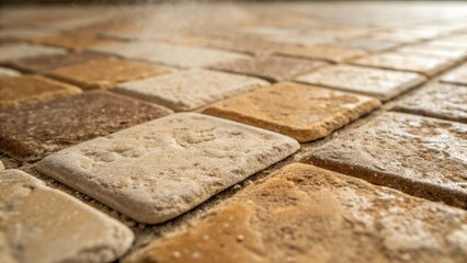Poster - A macro shot focusing on the intricate texture of a hand stone tile sheet. Earthy tones of beige and brown merge together emphasizing the natural variability of the material. Dust
