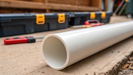 Aufkleber - A macro shot of a newly edge of a PVC pipe displaying the crispness of the and the soft sheen of the plastic material. The background features hints of a toolbox and renovation