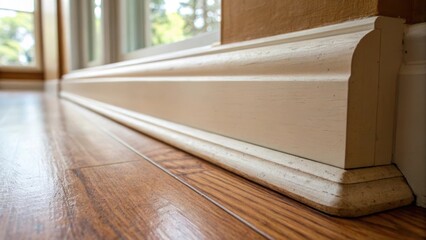 Aufkleber - A macro shot of a single baseboard end revealing the precision of the beveled edge and the subtle imperfections of the wood that add character bathed in natural light filtering